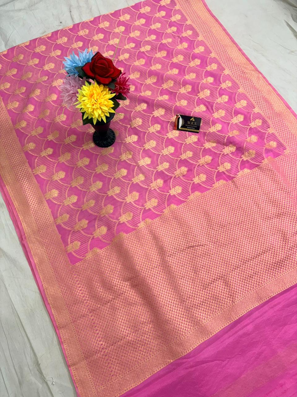 pink katan viscous banarasi silk saree laheriya jal