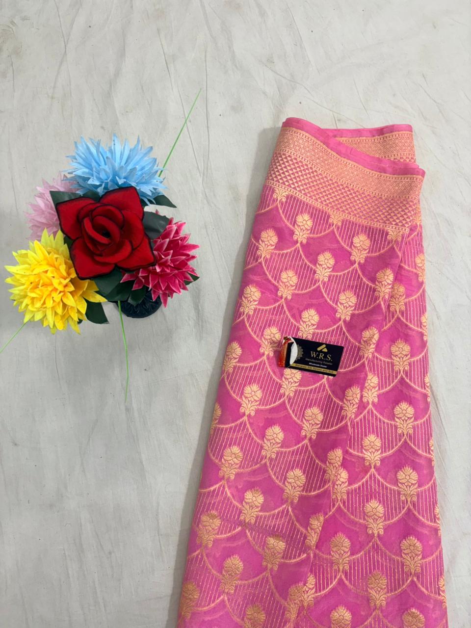 pink katan viscous banarasi silk saree laheriya jal
