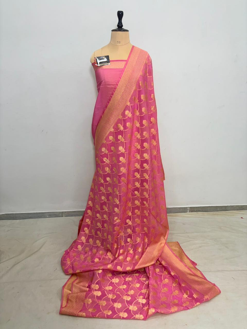 pink katan viscous banarasi silk saree laheriya jal