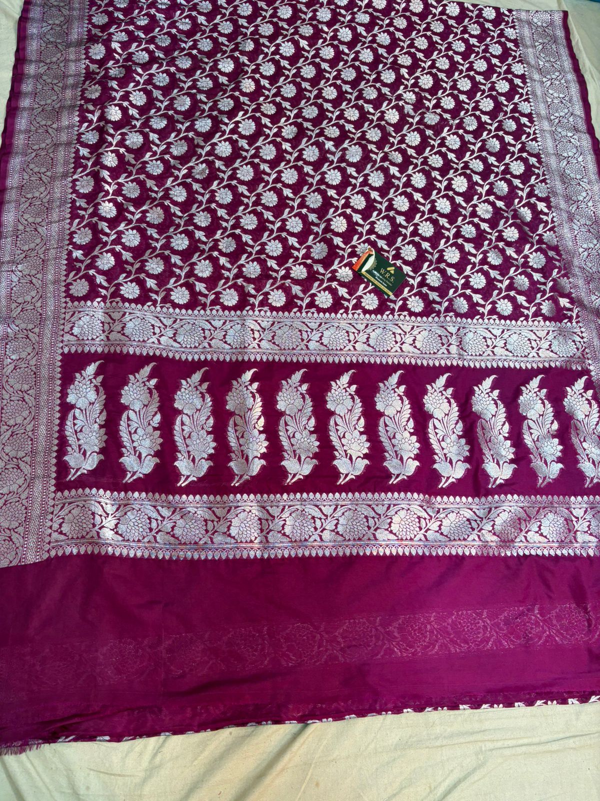 Purple katan banarasi silk saree silver zari jal kalna aanchal