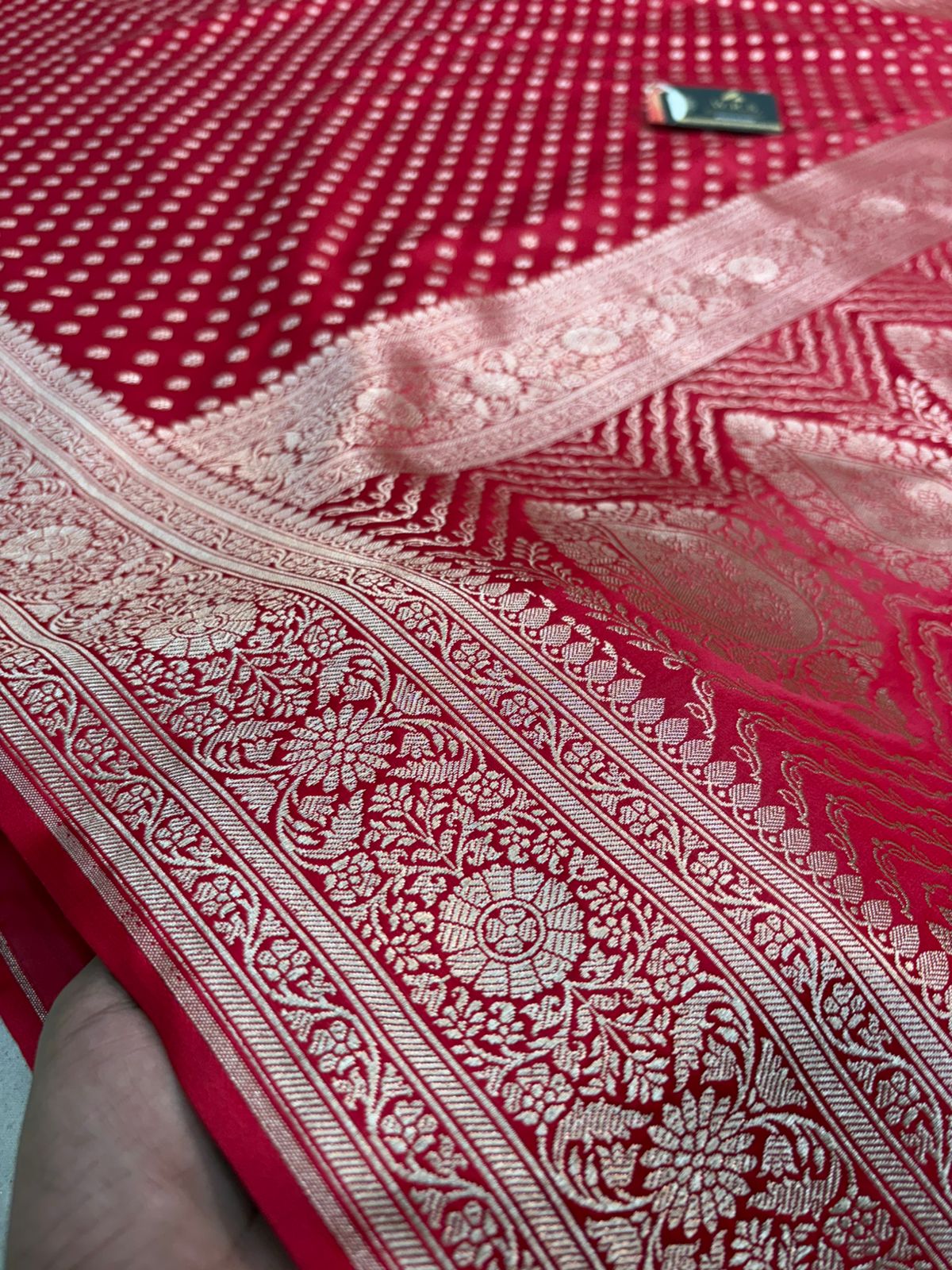 Red  banarasi mashru silk saree copper zari soft