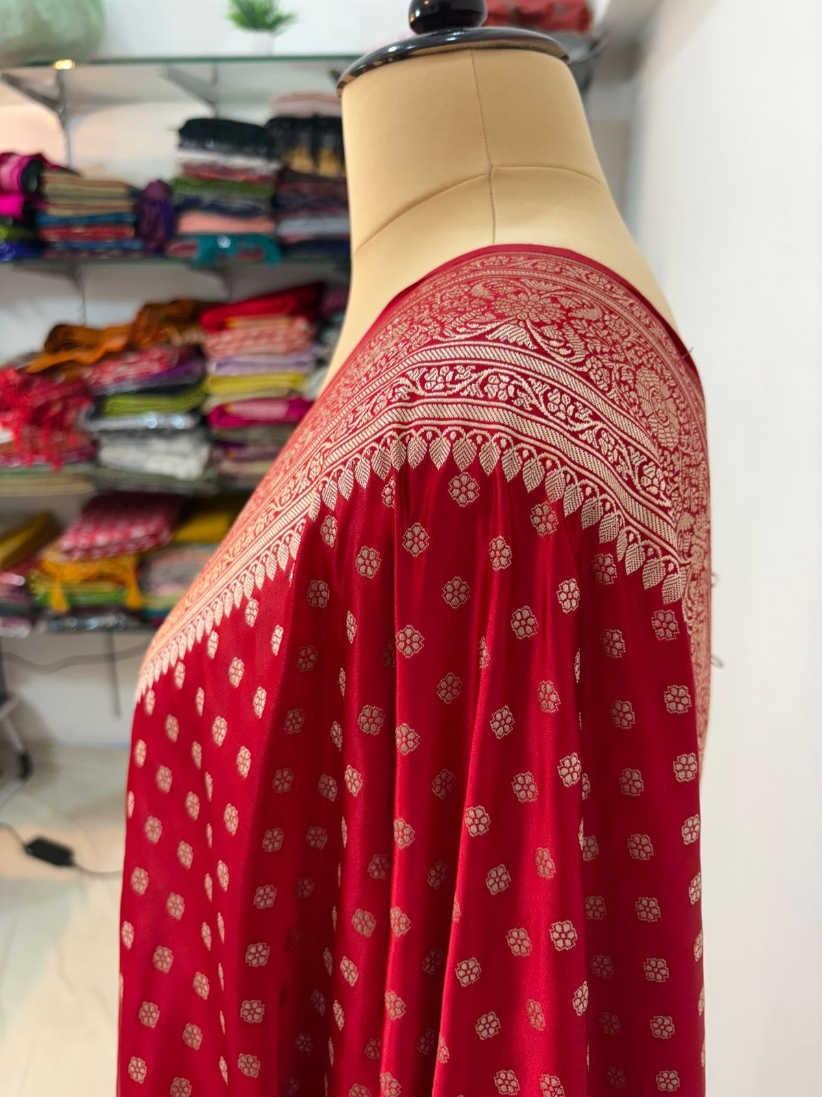 Red  banarasi mashru silk saree copper zari soft