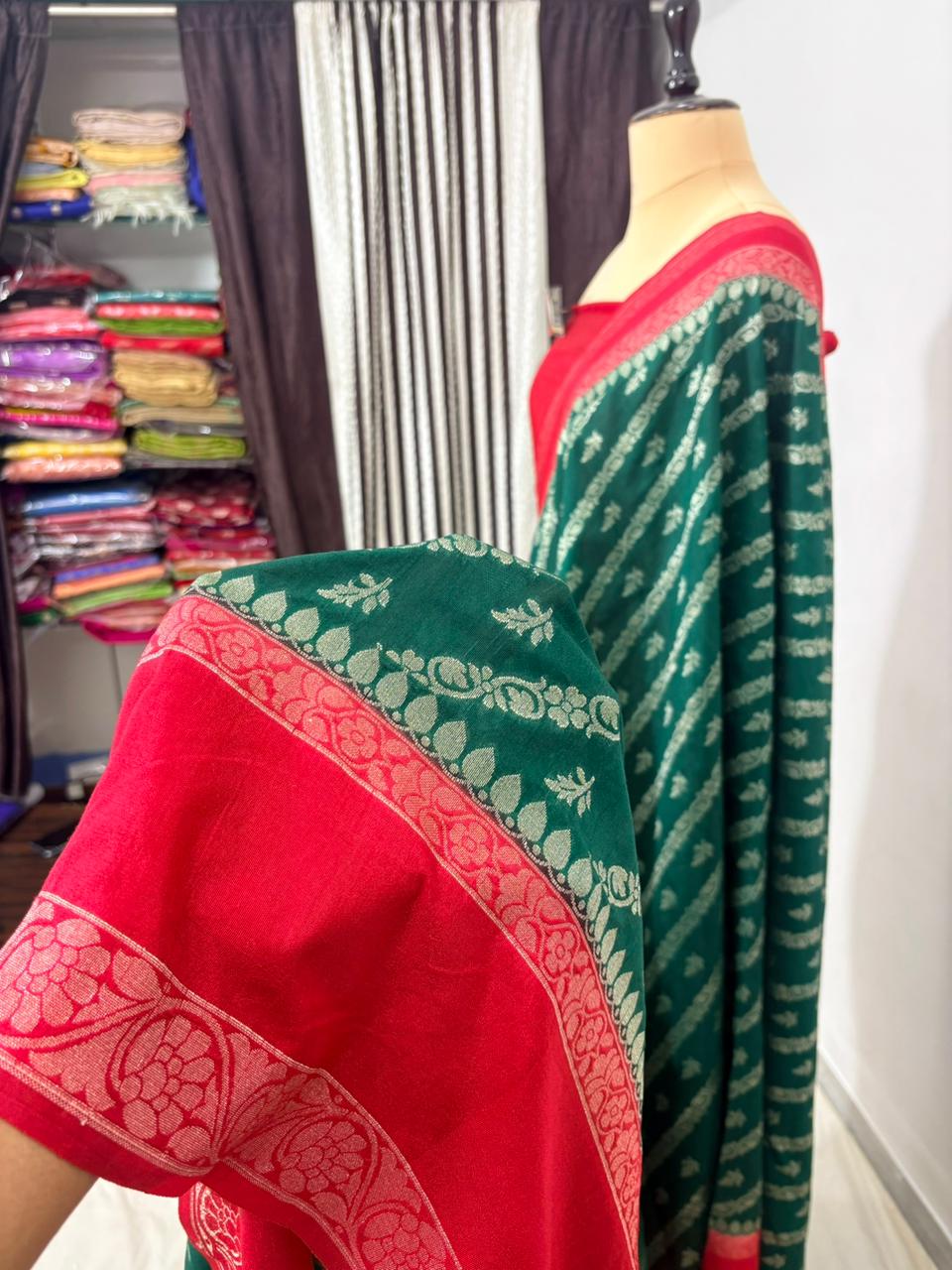 red bottle green banarasi silk saree ada booti