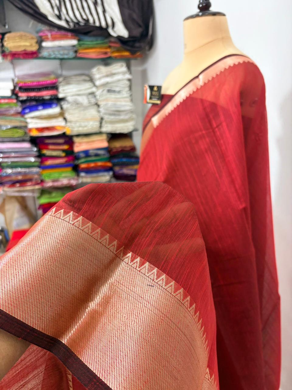 Red cotton banarasi silk saree