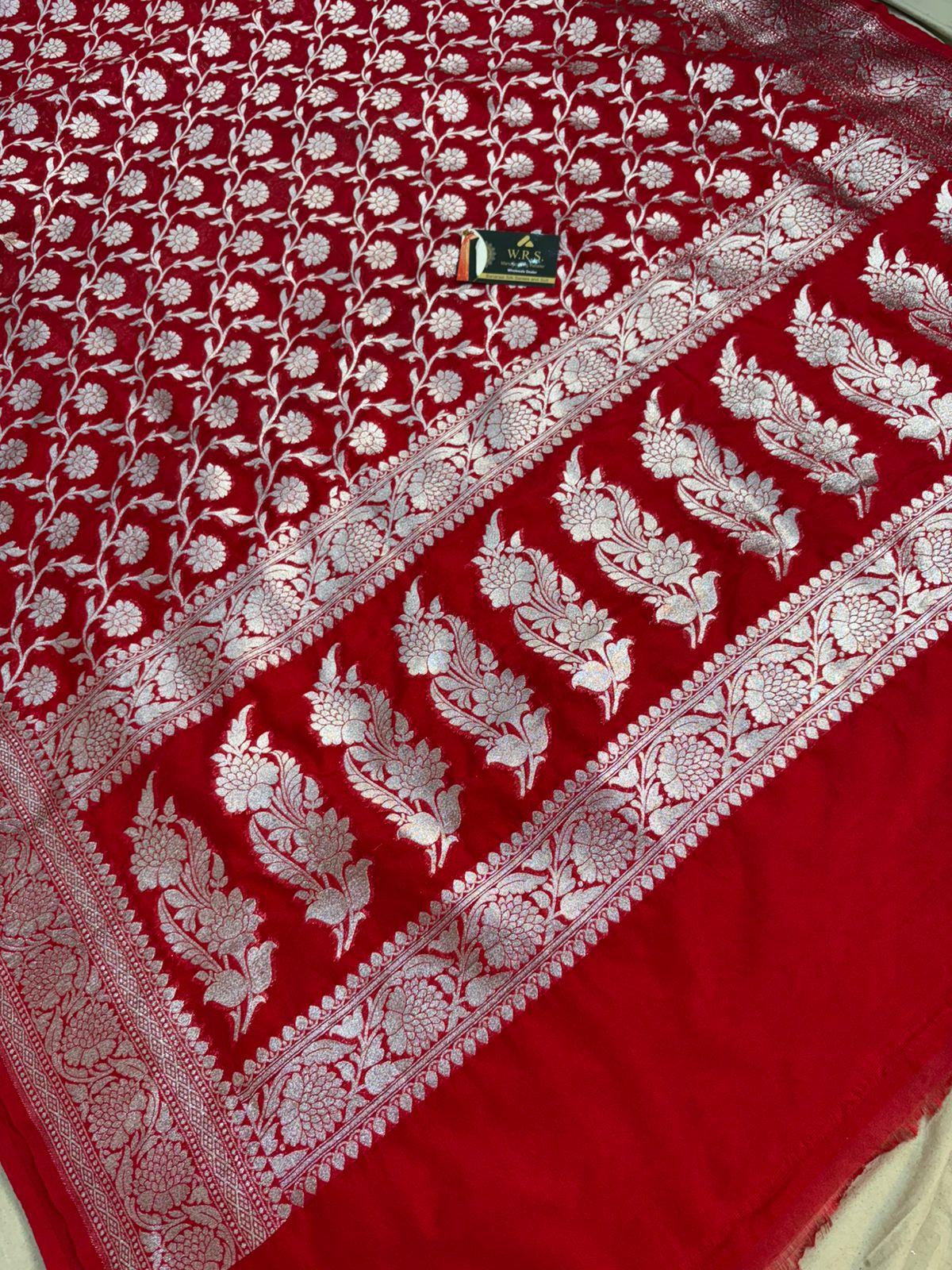 Red katan banarasi silk saree jal kalna aanchal silver zari