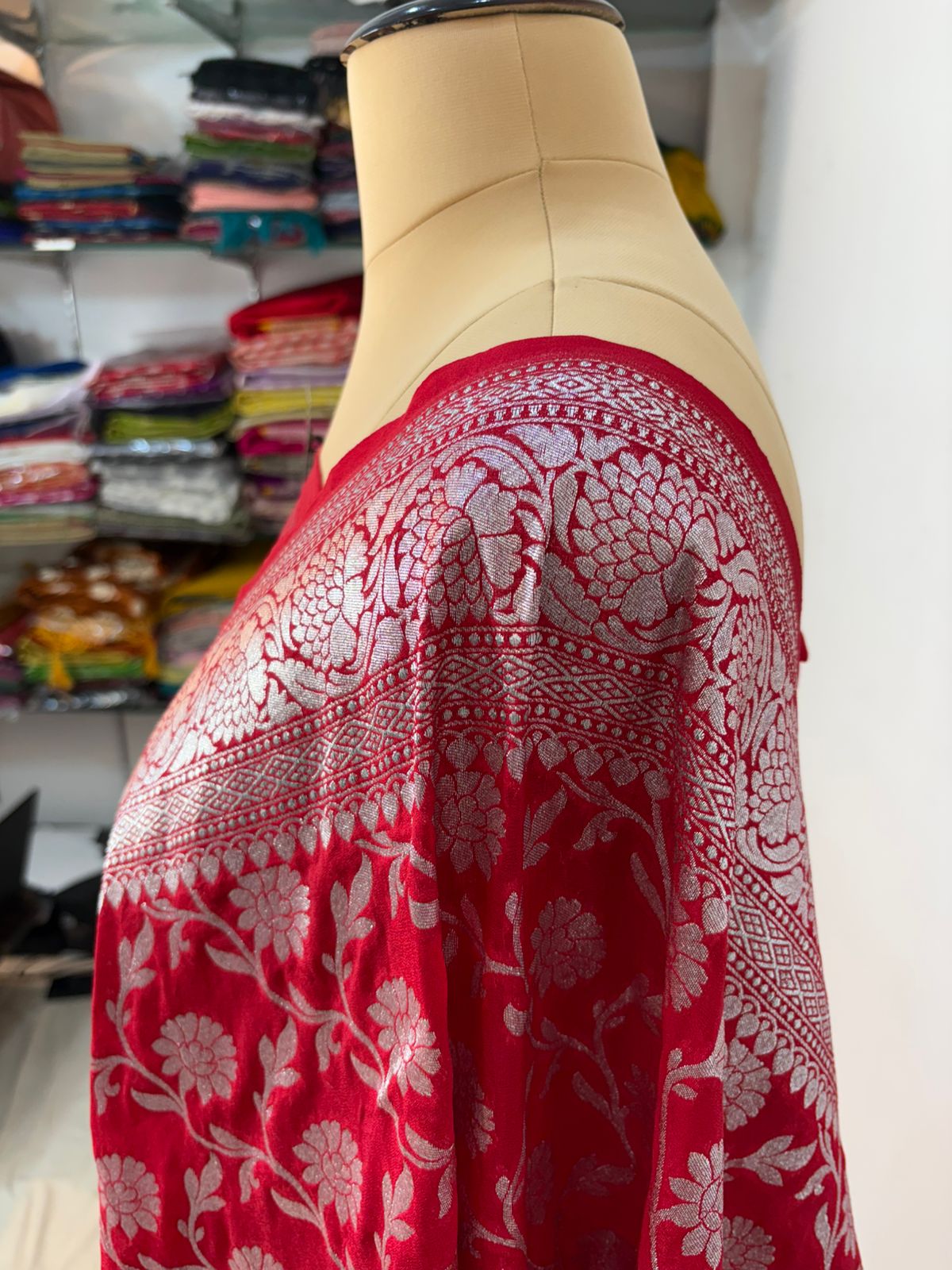 Red katan banarasi silk saree jal kalna aanchal silver zari