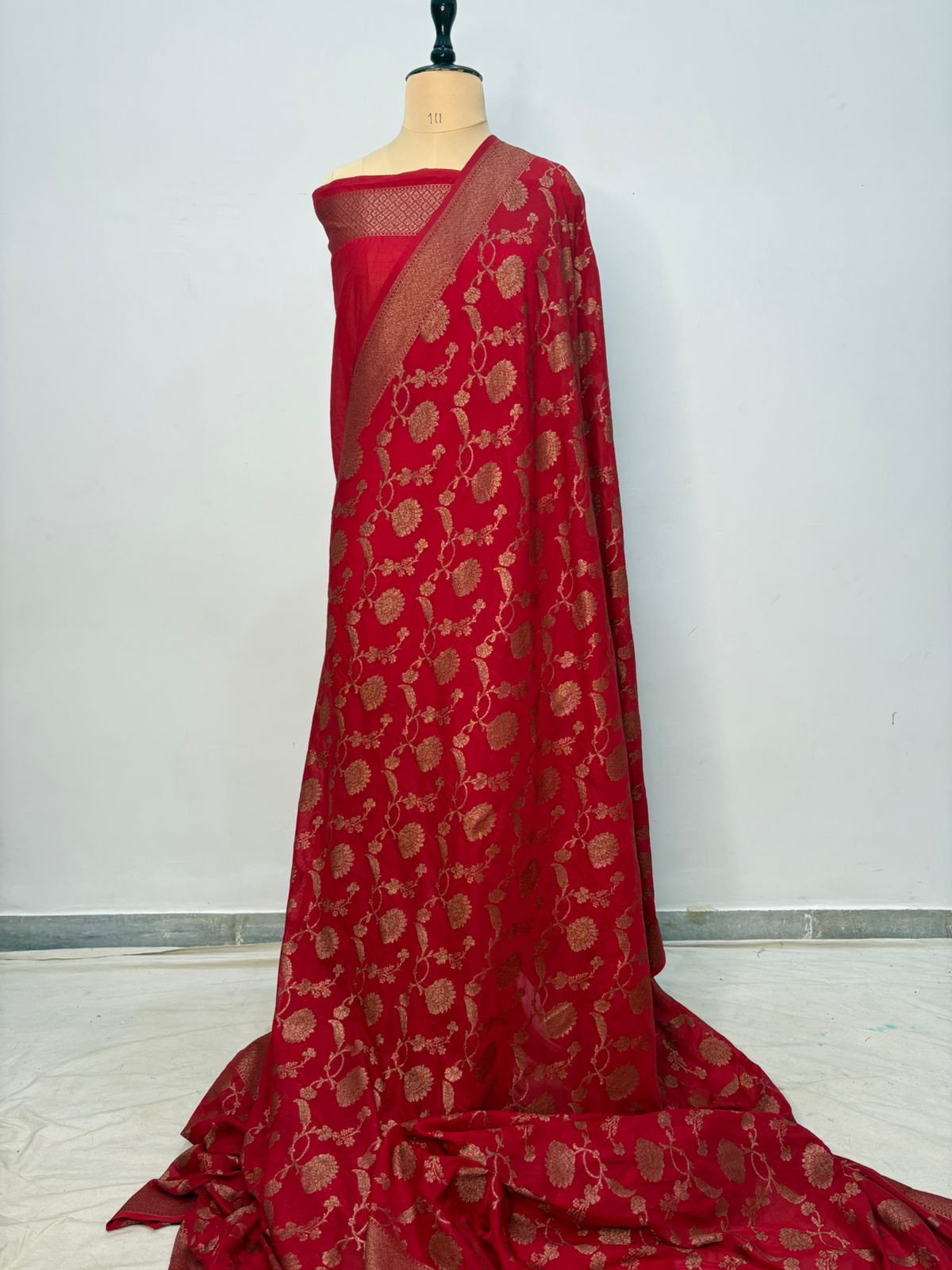 Red katan georgette saree entiq zari