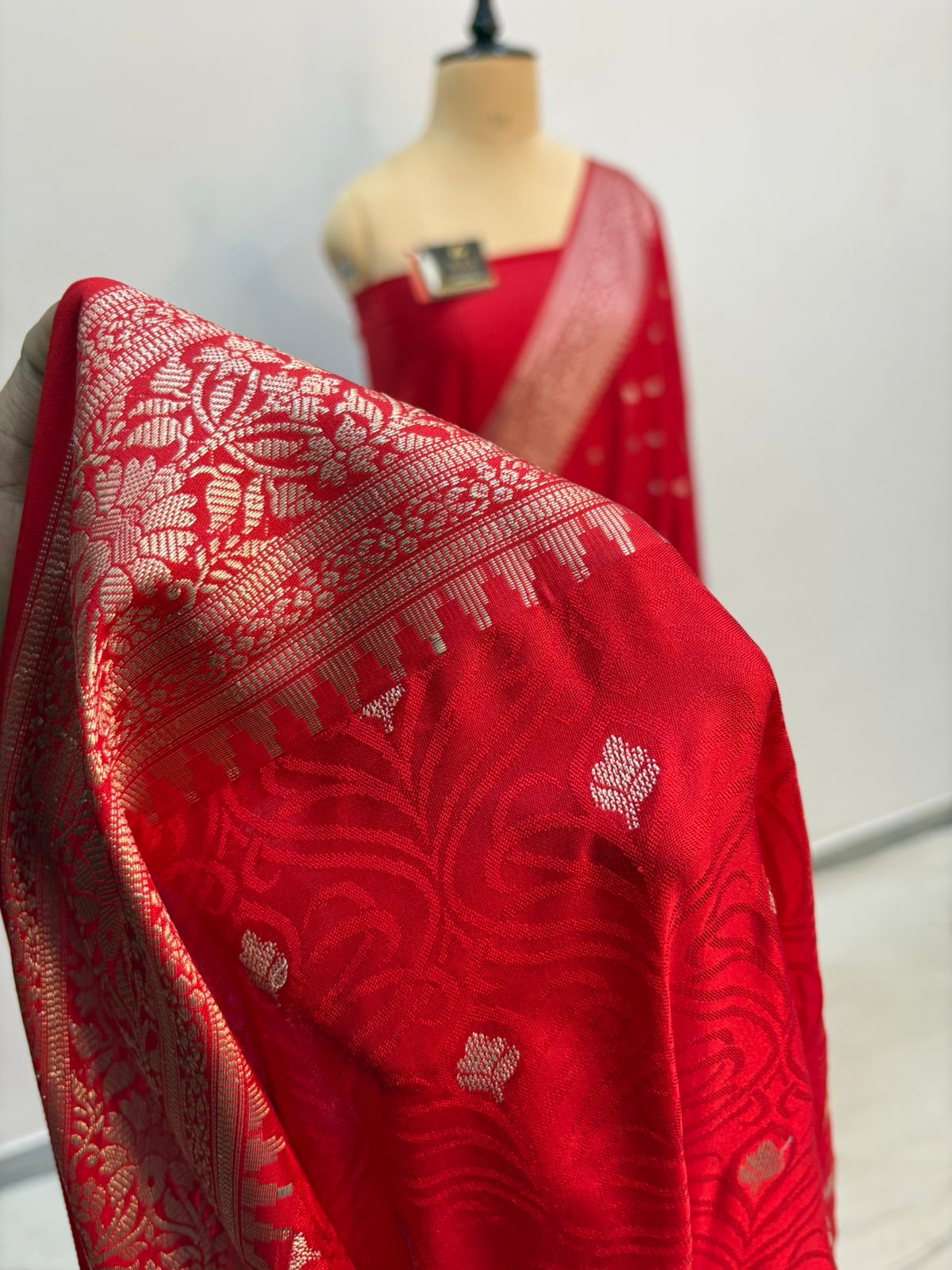 Red tussar katan banarasi silk saree water zari