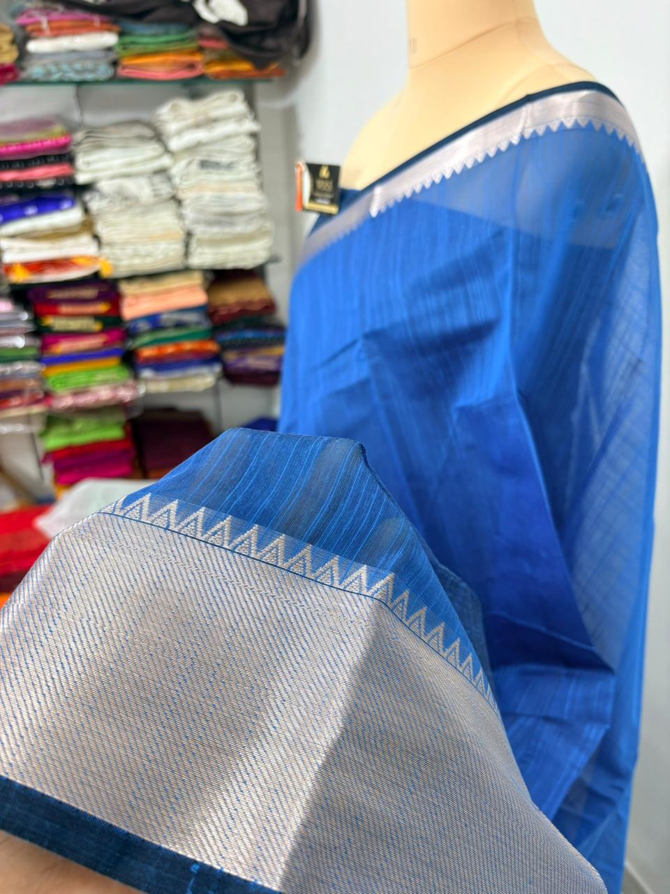 Royal blue cotton banarasi silk saree