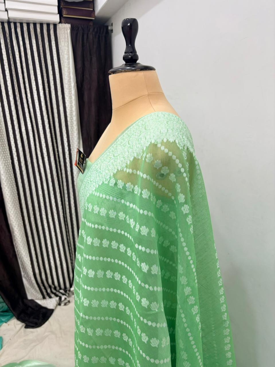 Sea green cotton ada buti banarasi soft saree