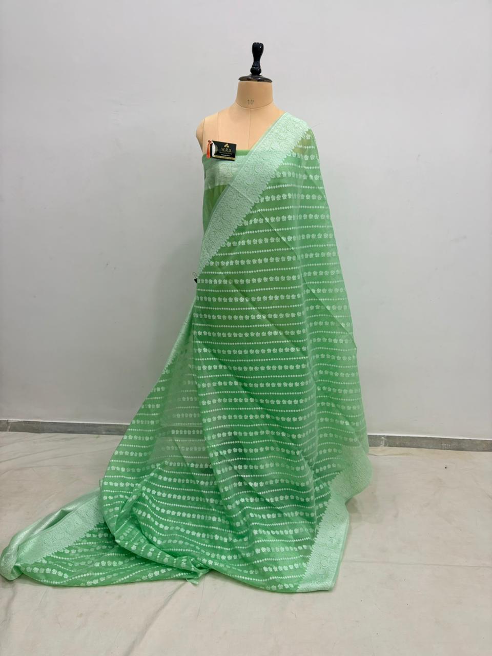 Sea green cotton ada buti banarasi soft saree