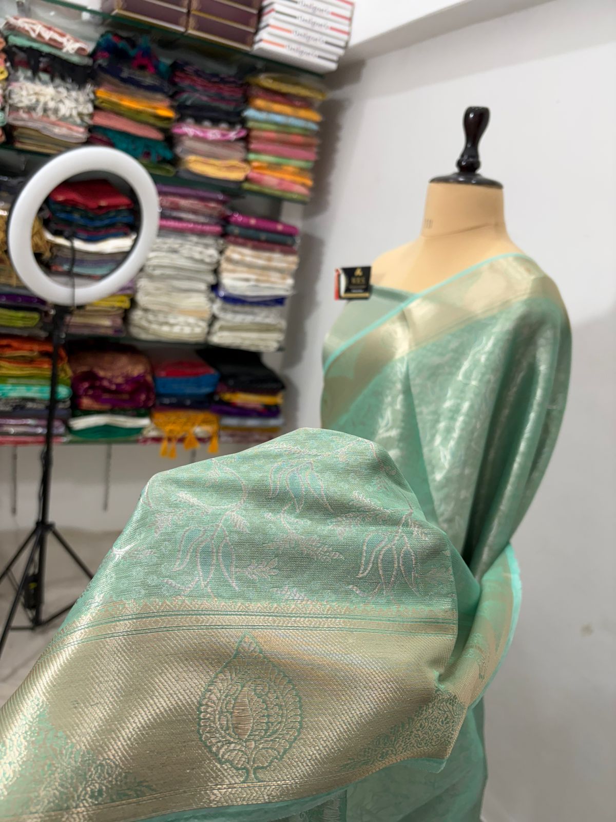 sea green tissue banarasi silk saree
