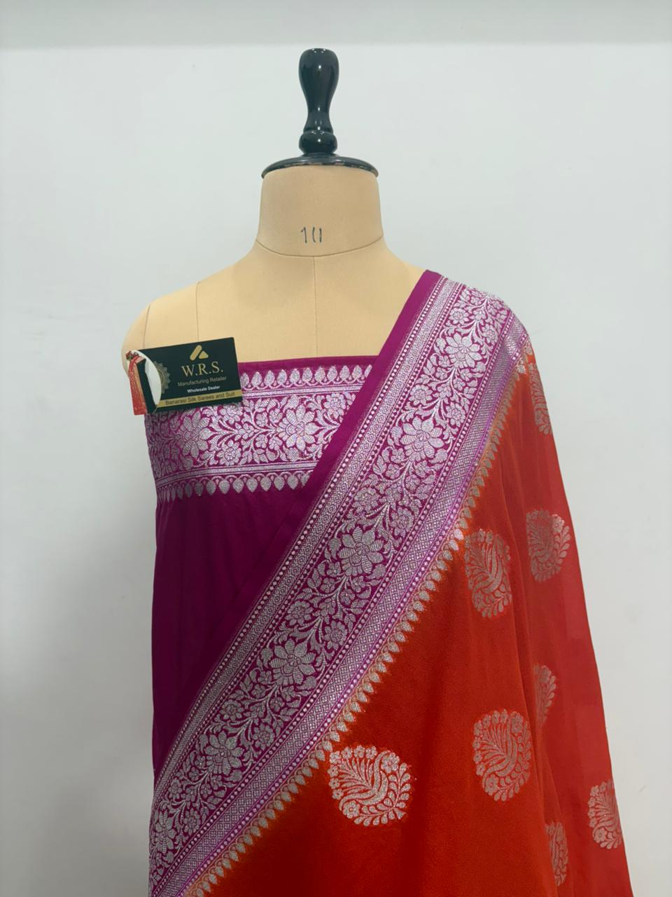 magenta orange katan georgutte boota saree